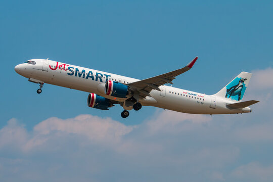 JetSMART Airbus A321 taking off from Rio de Janeiro Airport during a scheduled low-cost flight. November 18, 2024.