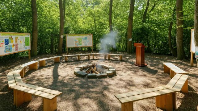 Outdoor classroom with wooden benches, presentation boards, and podium surrounded by trees