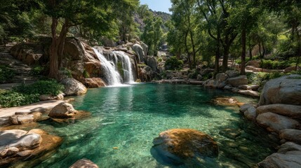 Fototapeta premium Idyllic cascade oasis: Waterfall cascading into a pristine pool surrounded by lush nature
