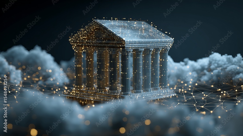 Poster digital temple architecture golden lights network cloud computing data center server technology infr