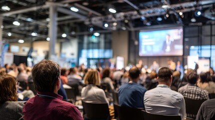 Large Conference Audience Business Meeting Presentation Modern Corporate Event Attendees Speaker on Screen Big Hall Professional Businesspeople Listening attentively to a          
