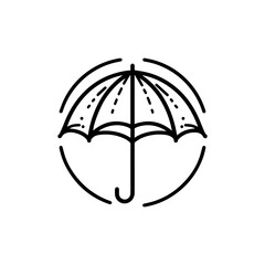 Stylized umbrella icon inside a circle, represented with simple black lines on a white background.