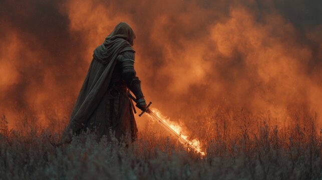 Medieval knight stands against fiery backdrop holding a flaming sword bravely - Powered by Adobe