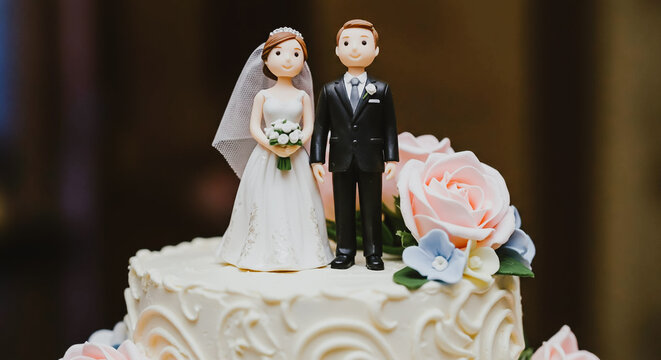 Wedding cake topper with bride and groom figurines.