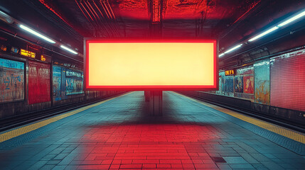 Blank billboard in illuminated subway station with posters