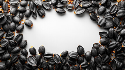 Black sunflower seeds frame on white background for text or design