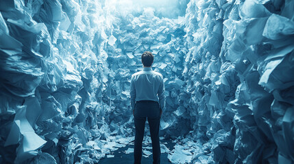 Businessman lost in paper maze, overwhelmed by paperwork
