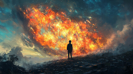 Boy watching fiery nebula in night sky from hilltop