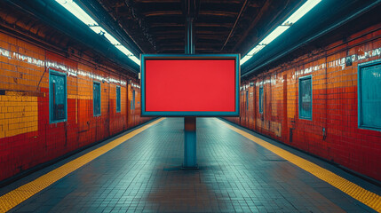 Blank red ad screen on subway platform with colorful tiled walls