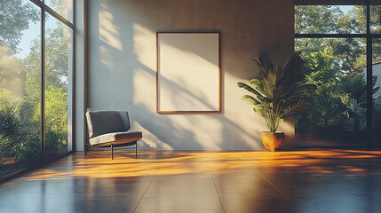 Blank canvas mockup, sunny room, chair, plant, garden view