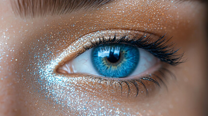 Blue eye with gold glitter makeup closeup