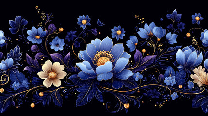 Blue floral seamless border on black background