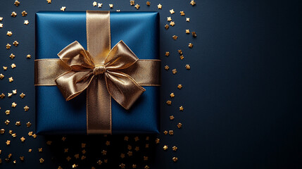 Blue gift box with gold ribbon, stars on dark background