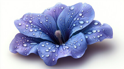 Blue flower with water drops on white background