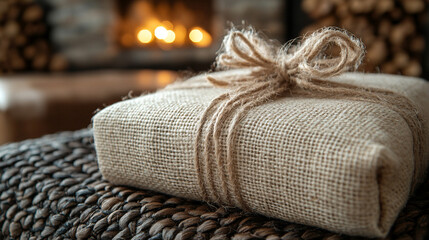 Burlap gift by fireplace on ottoman, cozy winter scene