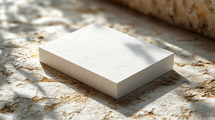 Blank white box on textured surface with leaf shadows