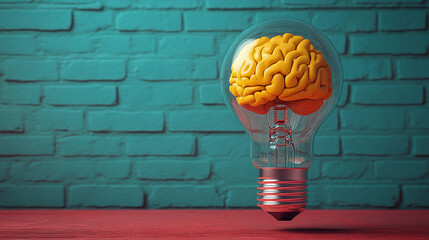 Brain in lightbulb on table, teal brick wall background, idea concept