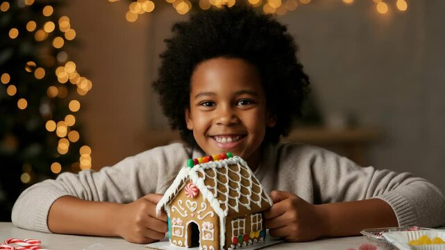 Smiling child with curly hair builds gingerbread house during holiday season