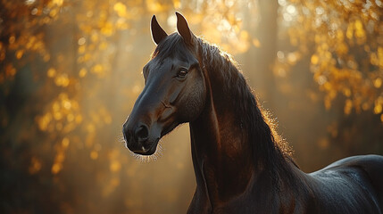 Black horse in autumn forest at sunrise