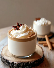 A cozy cup of latte with whipped cream, cinnamon and star anise. Perfect for coffee shops, cafes and autumn/winter themes.