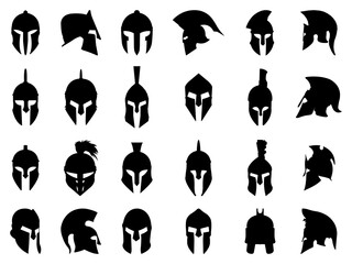 Set of Spartan Helmet Silhouette in various poses isolated on white background