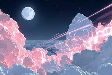 Pink clouds at night with a moon