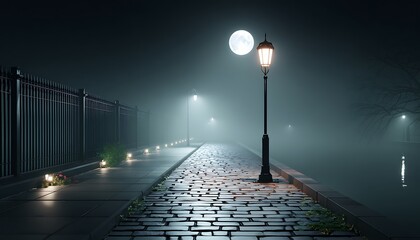 Foggy night street scene