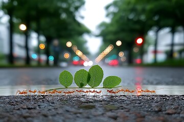 Ants carry leaf on street