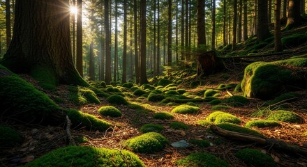 Obraz premium Mossy forest landscape with sun rays through trees, nature photography, green woodland scenery, forest trail