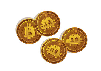 Four gold bitcoin coins scattered with electronic circuit design illustrate the technology and innovation behind digital currency and blockchain on white background. Finance concept