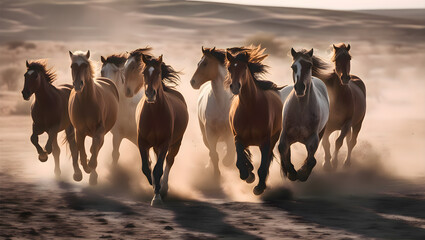 Fototapeta premium Four horses running together across a dusty dirt path in motion, creating an energetic and powerful animal wildlife scene with dust clouds