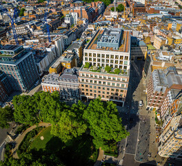 Aerial view of Hanover Square and Oxford Street area in London, featuring the entrance to Bond Street (Elizabeth line) station and city streets.