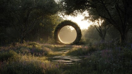 Mysterious circular portal in a forest clearing illuminated by sunlight