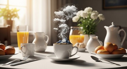 Fototapeta premium Morning breakfast coffee cup with mountain and cloudscape surrealism still life food photography