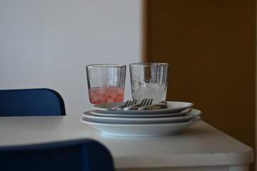 dirty dishes in a restaurant and glasses with ice,