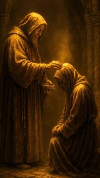 Ancient Ritual of Anointing Between Two Hooded Monks in a Sacred Stone Hall Bathed in Golden Light and Surrounded by Candle Flames