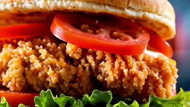 Close-Up of Crispy Fried Chicken Sandwich with Fresh Tomatoes Lettuce and Bun in Vibrant Lighting