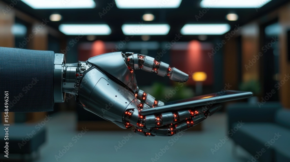Poster robotic hand gracefully interacting with a digital tablet in a sleek minimalist office environment s