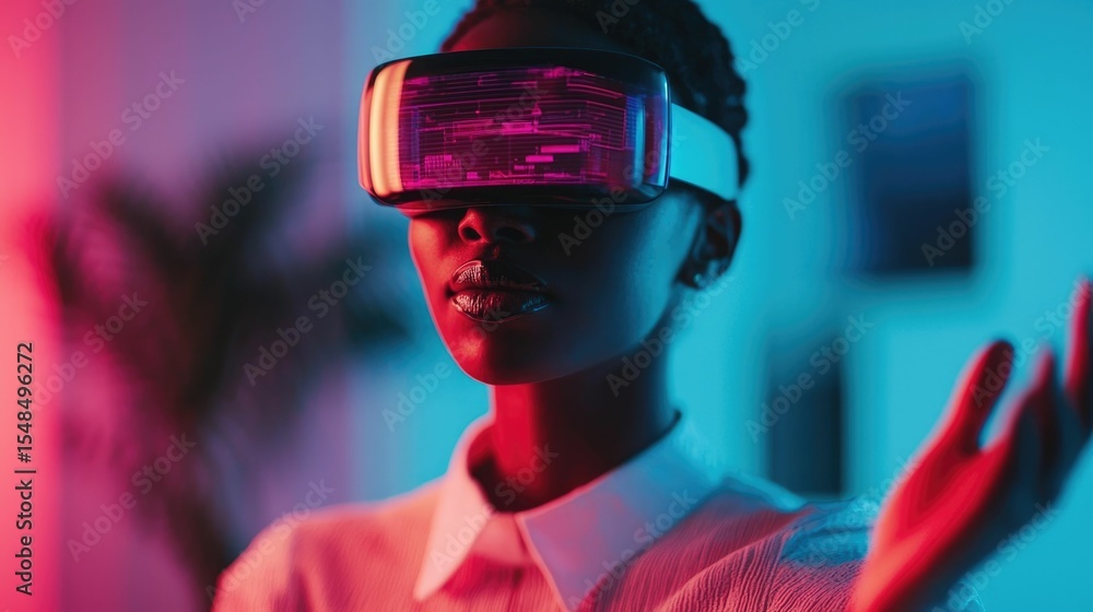 Poster a person wearing a virtual reality headset interacting with holographic displays and interfaces in a