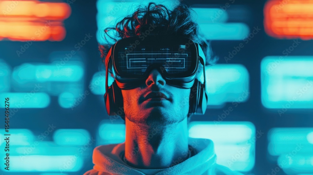 Poster close up portrait of a person wearing a virtual reality or augmented reality headset interacting wit