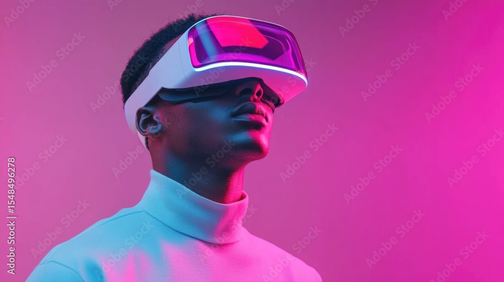Poster a person wearing a virtual reality headset surrounded by holographic displays showcasing the immersi