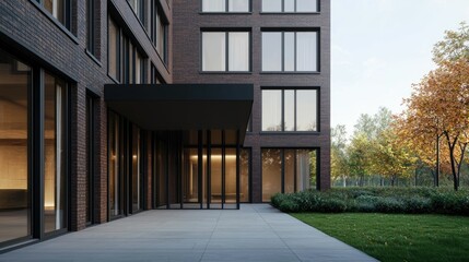 Sleek and sophisticated high rise office building with a glass and brick facade set against a backdrop of lush greenery in an urban city environment