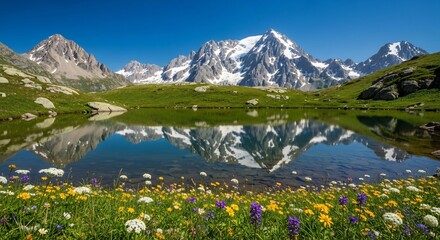 Mountain lake reflection flowers alpine landscape scenic view summer nature travel destination outdoor beauty