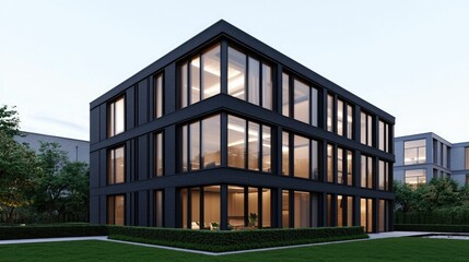 3D visualization of a modern glass clad office building set against an urban cityscape  The contemporary architectural design features a sleek minimalist facade with ample windows