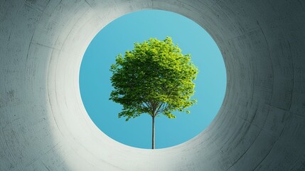 Innovative renewable energy solutions and sustainable environmental concept with minimalist tree silhouette in a circular frame against a serene blue sky backdrop
