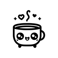 A cute, smiling coffee cup with steam and hearts, a cheerful design.