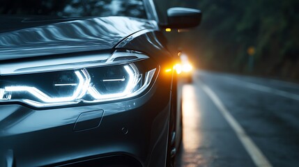 Car Headlight on Road at Night