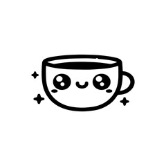 Cute cartoon coffee cup with a smiling face and sparkling stars around it.