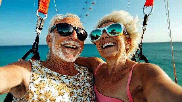 Senior couple enjoying a parasailing adventure over the ocean. They are smiling and wearing sunglasses. The sky is clear and the water is blue. Generative 4k video.