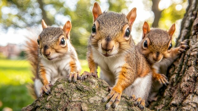 A group of playful squirrels climbing and exploring the branches of trees in a shaded park area  The squirrels appear curious and energetic as they leap and scurry through the natural environment